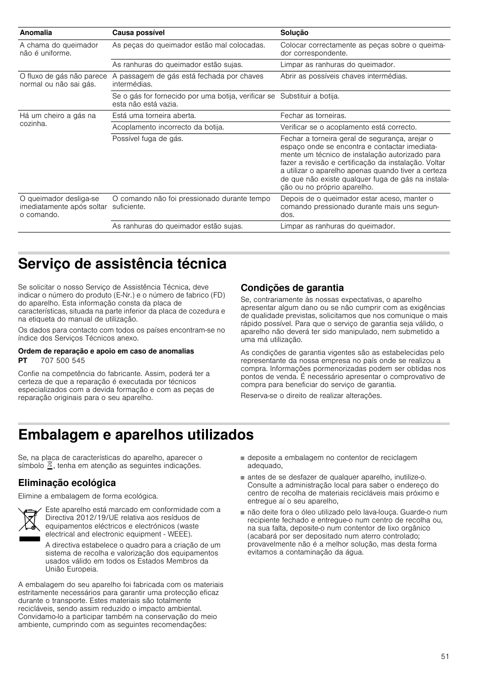 Serviço de assistência técnica, Ordem de reparação e apoio em caso de anomalias, Condições de garantia | Embalagem e aparelhos utilizados, Eliminação ecológica | Siemens ER726RB71E User Manual | Page 51 / 59