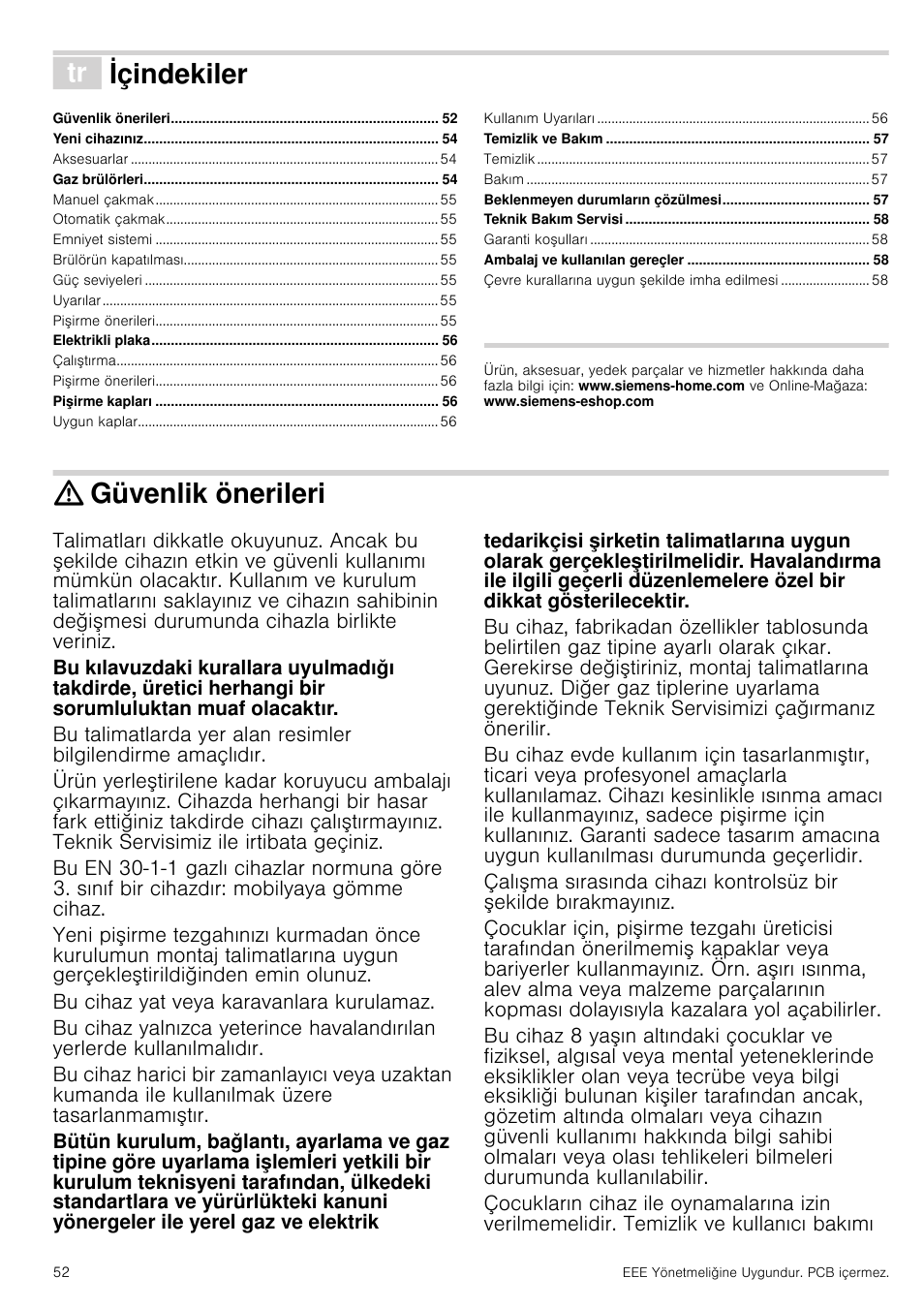 Ô içindekiler[tr] kullanma kιlavuzu, Güvenlik önerileri, Bu cihaz yat veya karavanlara kurulamaz | Xoodqpdnƶodyx]x, Içindekiler | Siemens ER726RB71E User Manual | Page 52 / 59