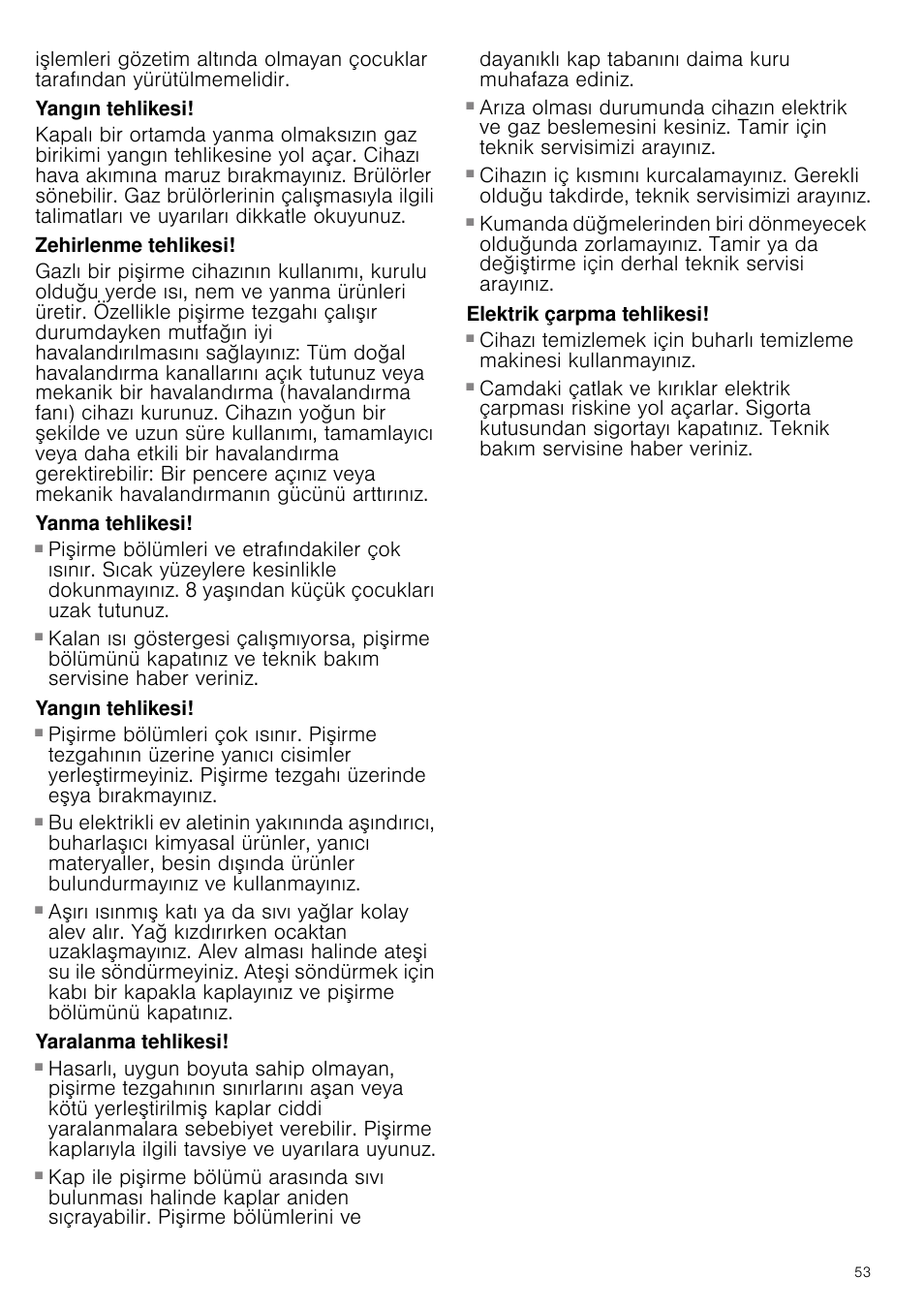 Yangın tehlikesi, Zehirlenme tehlikesi, Yanma tehlikesi | Yaralanma tehlikesi, Elektrik çarpma tehlikesi | Siemens ER726RB71E User Manual | Page 53 / 59