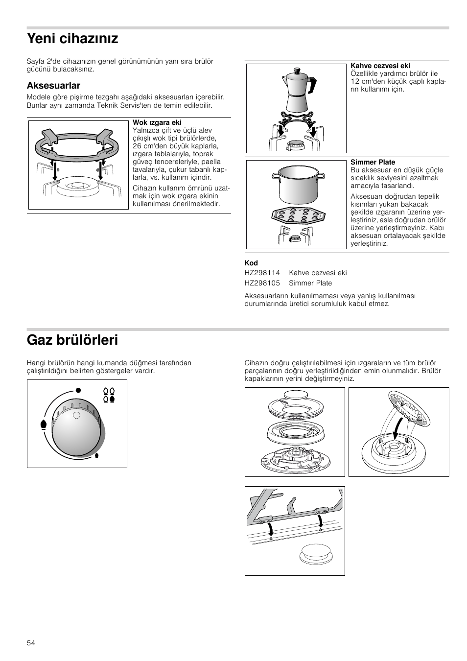 Yeni cihazınız, Aksesuarlar, Gaz brülörleri | Siemens ER726RB71E User Manual | Page 54 / 59