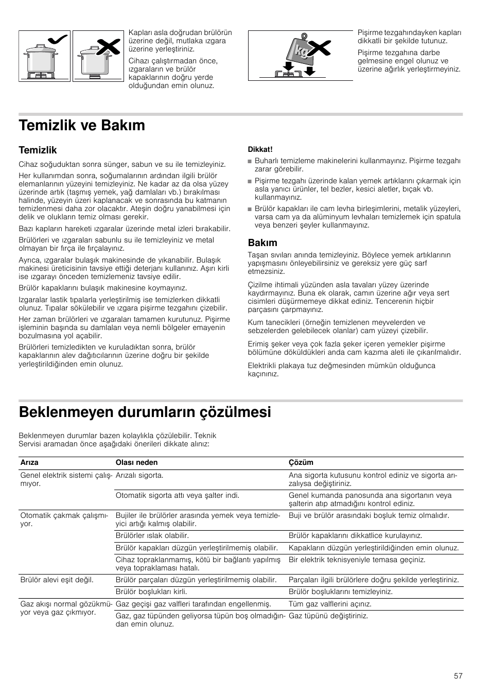Temizlik ve bakım, Temizlik, Dikkat | Bakım, Beklenmeyen durumların çözülmesi | Siemens ER726RB71E User Manual | Page 57 / 59