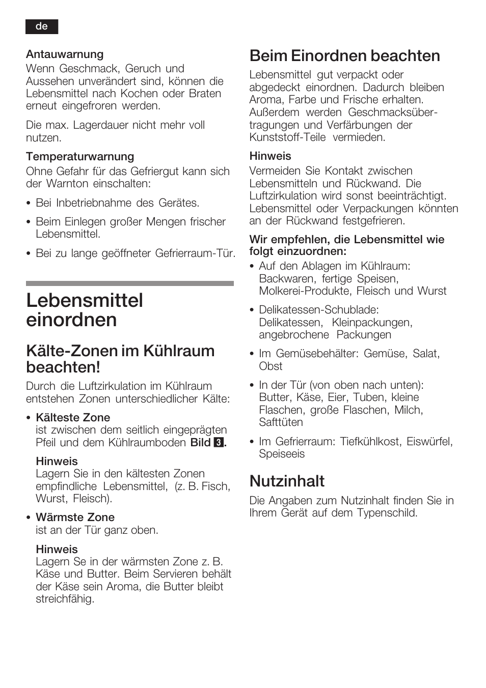 Lebensmittel einordnen, Kältećzonen im kühlraum beachten, Beim einordnen beachten | Nutzinhalt | Siemens KI34NP60 User Manual | Page 12 / 98