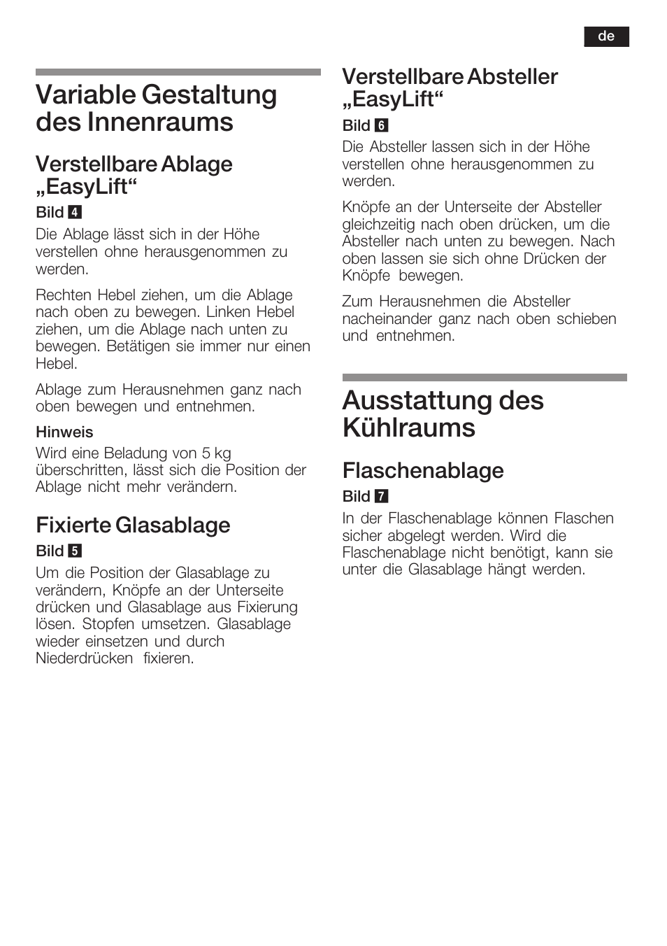Variable gestaltung des innenraums, Ausstattung des kühlraums, Verstellbare ablage ęeasylift | Fixierte glasablage, Verstellbare absteller ęeasylift, Flaschenablage | Siemens KI34NP60 User Manual | Page 13 / 98
