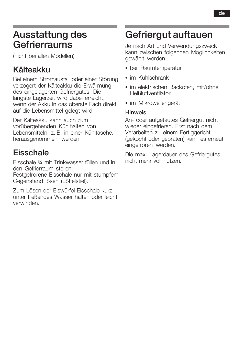 Ausstattung des gefrierraums, Gefriergut auftauen, Kälteakku | Eisschale | Siemens KI34NP60 User Manual | Page 17 / 98