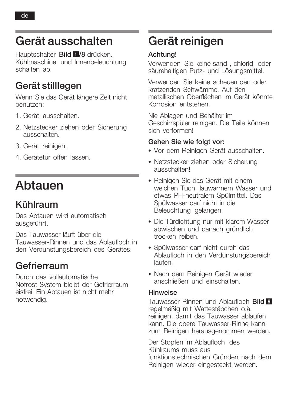 Abtauen, Gerät ausschalten, Gerät reinigen | Gerät stilllegen, Kühlraum, Gefrierraum | Siemens KI34NP60 User Manual | Page 18 / 98