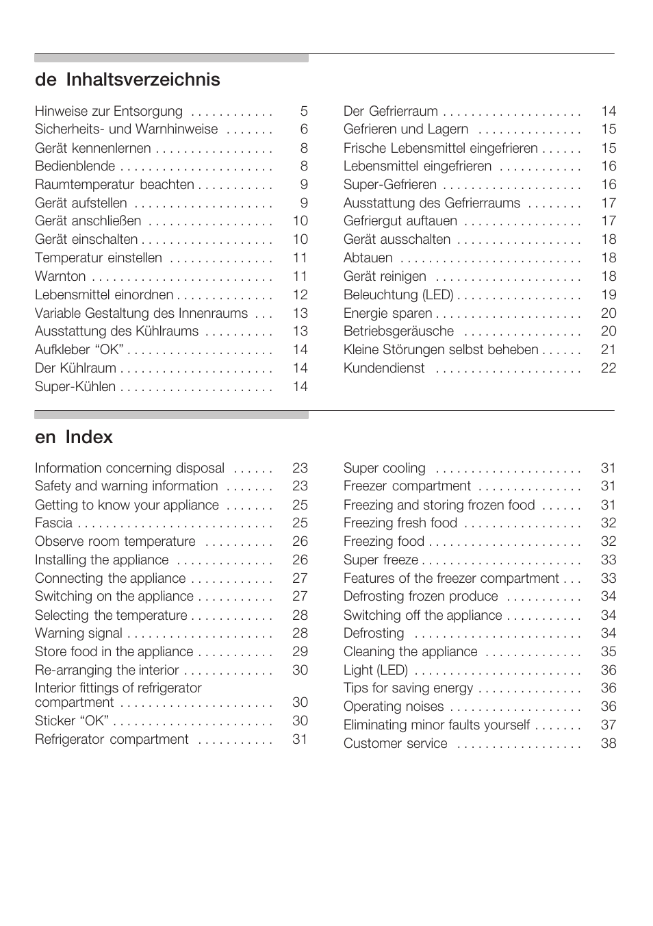 Deąinhaltsverzeichnis, Enąindex | Siemens KI34NP60 User Manual | Page 2 / 98