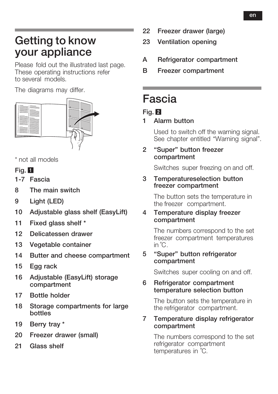 Getting to know your appliance, Fascia | Siemens KI34NP60 User Manual | Page 25 / 98