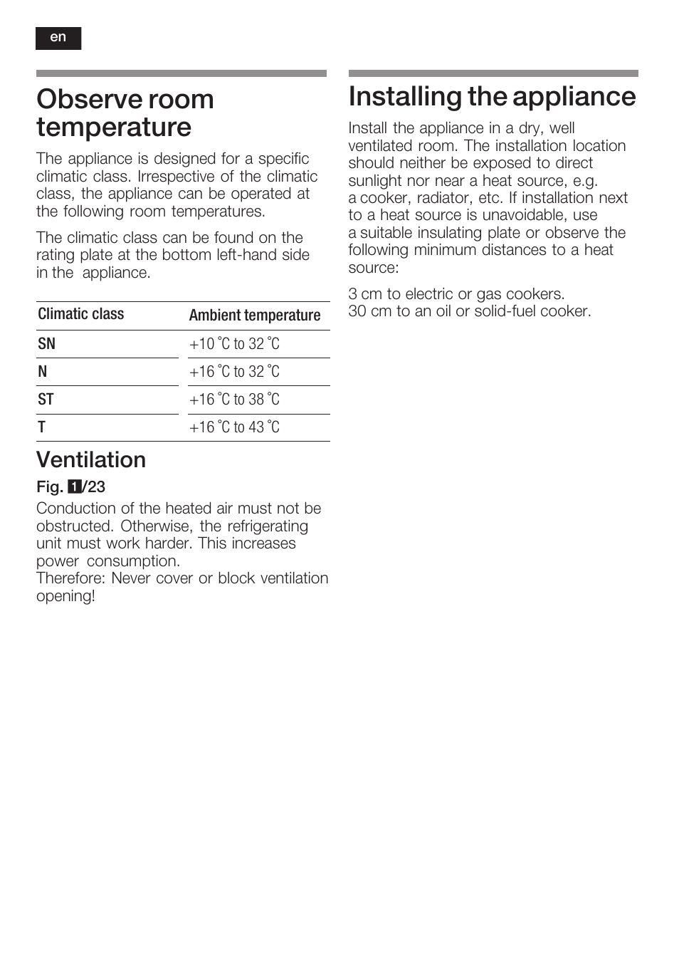 Observe room temperature, Installing the appliance, Ventilation | Siemens KI34NP60 User Manual | Page 26 / 98