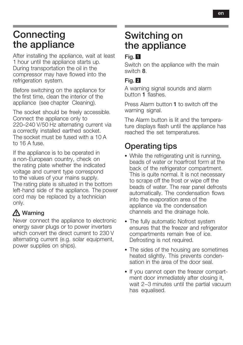 Connecting the appliance, Switching on the appliance, Operating tips | Siemens KI34NP60 User Manual | Page 27 / 98