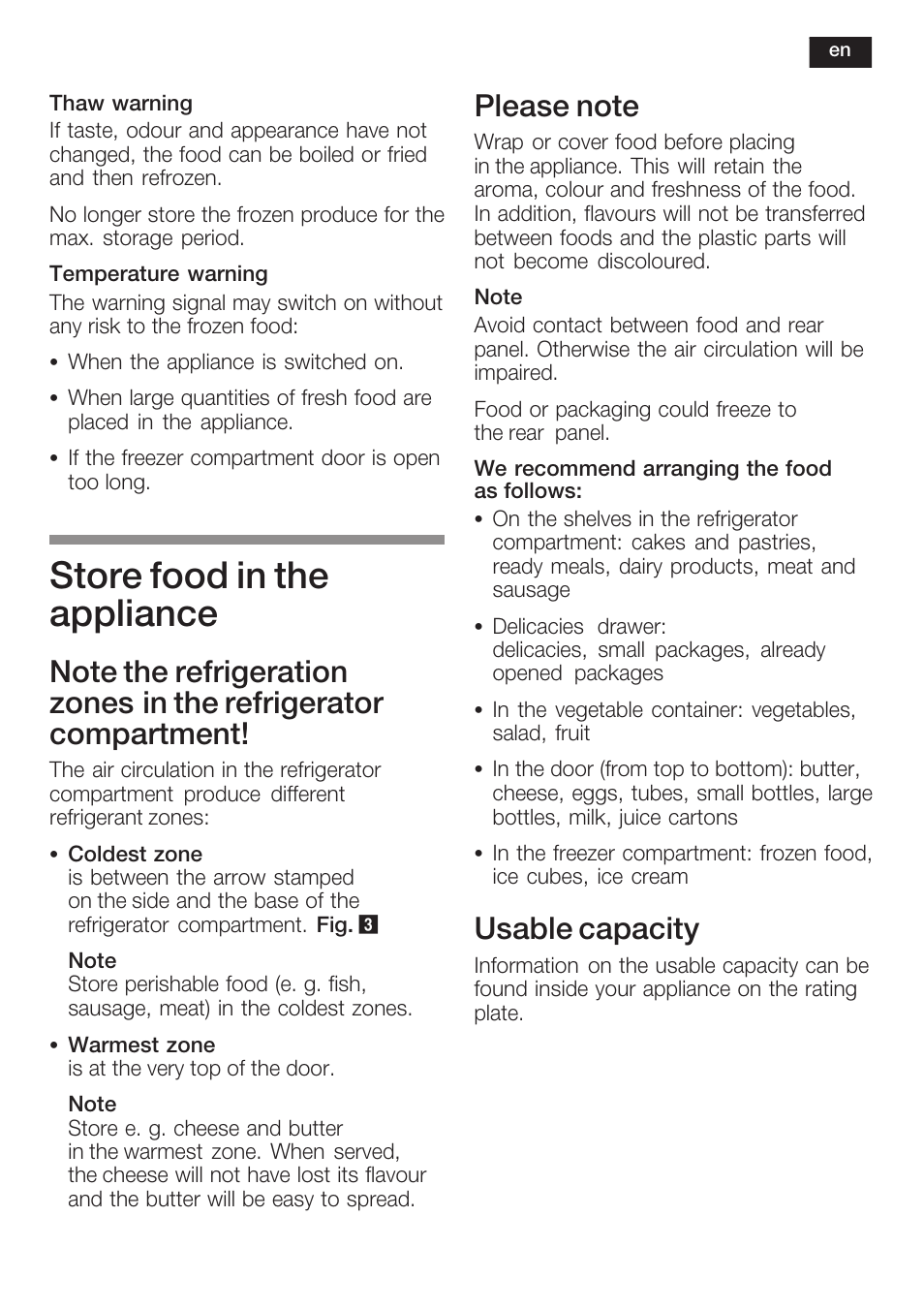 Store food in the appliance, Usable capacity | Siemens KI34NP60 User Manual | Page 29 / 98