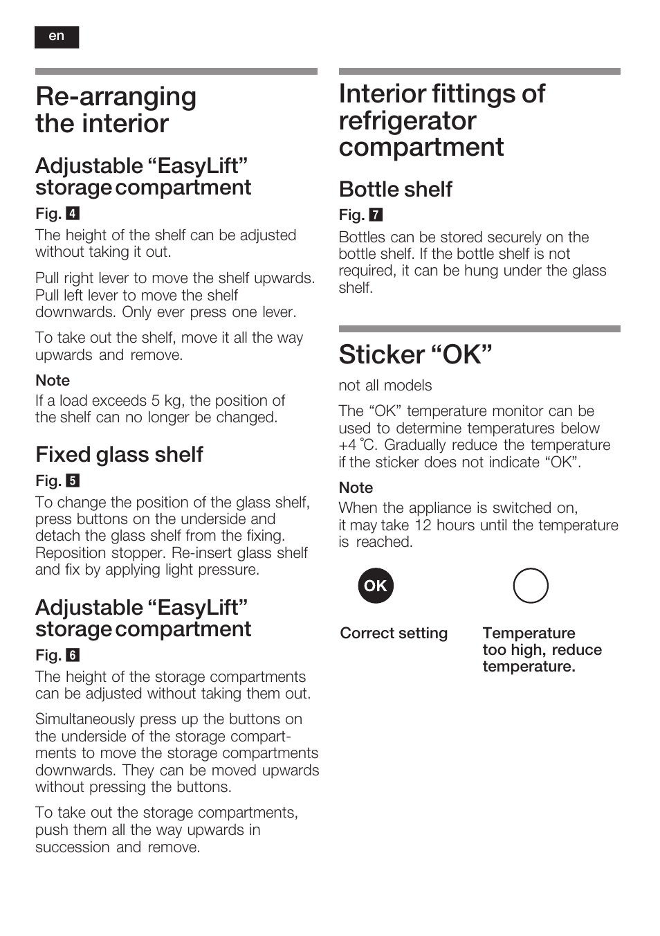 Rećarranging the interior, Interior fittings of refrigerator compartment, Sticker ok | Adjustable easylift" storage compartment, Fixed glass shelf, Bottle shelf | Siemens KI34NP60 User Manual | Page 30 / 98