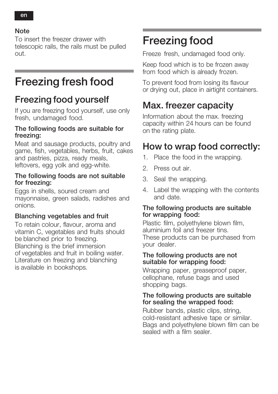 Freezing fresh food, Freezing food, Freezing food yourself | Max. freezer capacity, How to wrap food correctly | Siemens KI34NP60 User Manual | Page 32 / 98