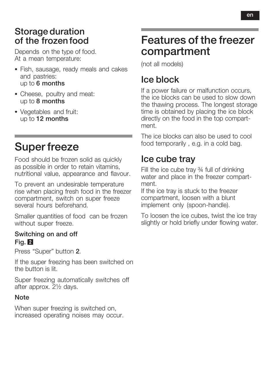 Super freeze, Features of the freezer compartment, Storage duration of the frozen food | Ice block, Ice cube tray | Siemens KI34NP60 User Manual | Page 33 / 98