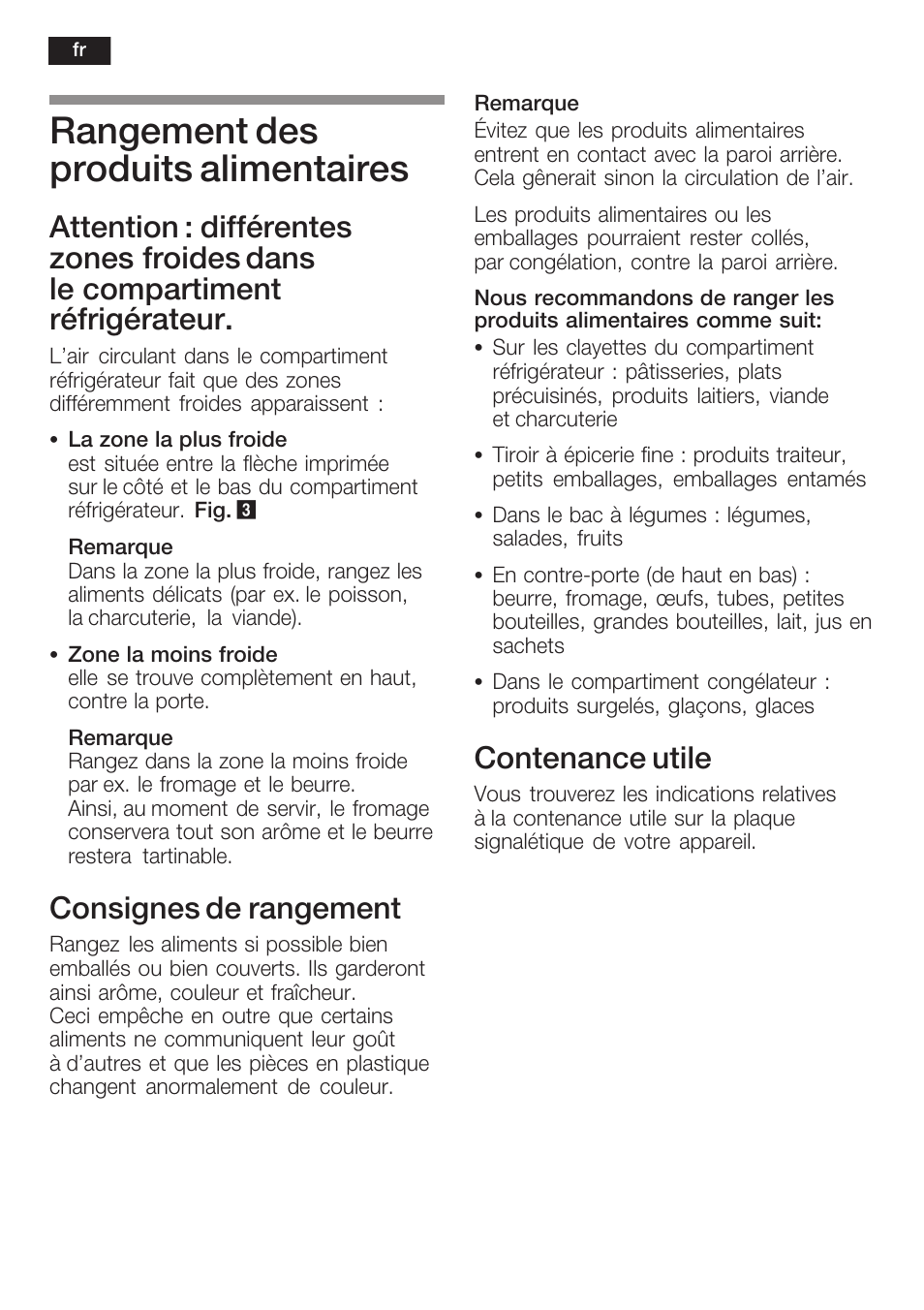Rangement des produits alimentaires, Consignes de rangement, Contenance utile | Siemens KI34NP60 User Manual | Page 48 / 98