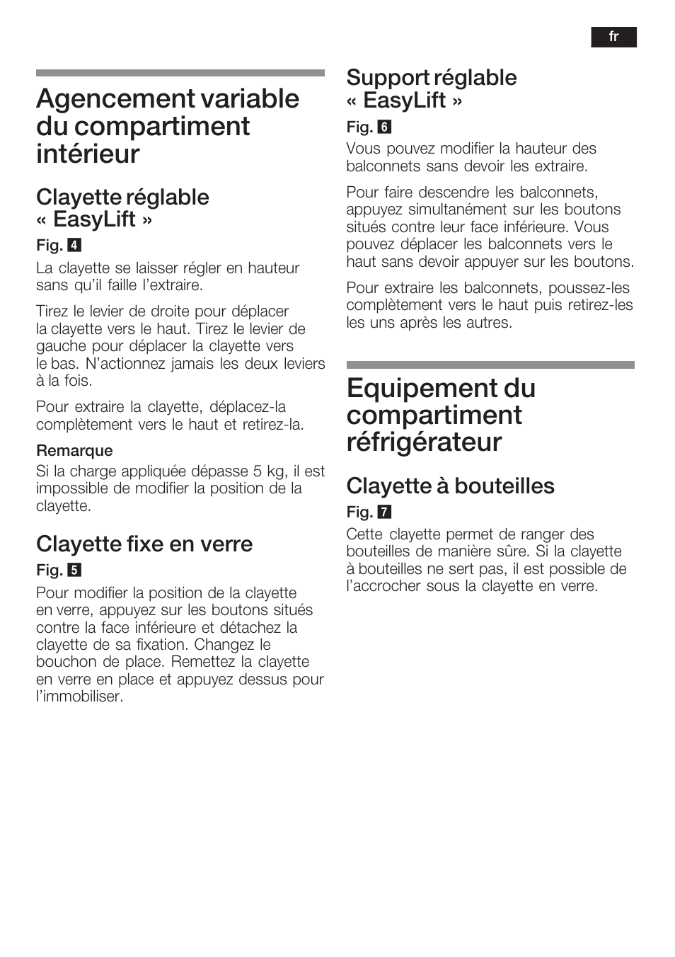 Agencement variable du compartiment intérieur, Equipement du compartiment réfrigérateur, Clayette réglable « easylift | Clayette fixe en verre, Support réglable « easylift, Clayette à bouteilles | Siemens KI34NP60 User Manual | Page 49 / 98