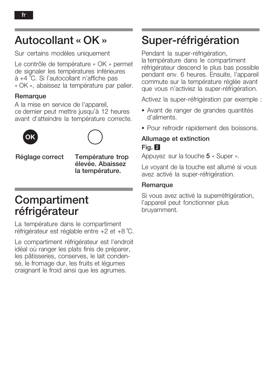 Autocollant « ok, Compartiment réfrigérateur, Superćréfrigération | Siemens KI34NP60 User Manual | Page 50 / 98