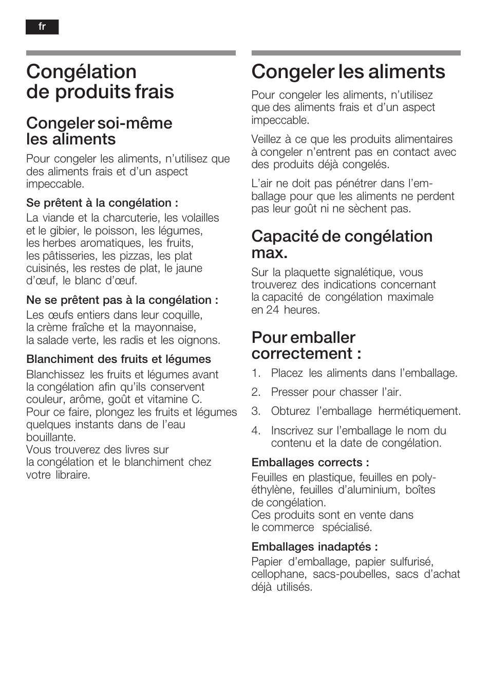 Congélation de produits frais, Congeler les aliments, Congeler soićmême les aliments | Capacité de congélation max, Pour emballer correctement | Siemens KI34NP60 User Manual | Page 52 / 98