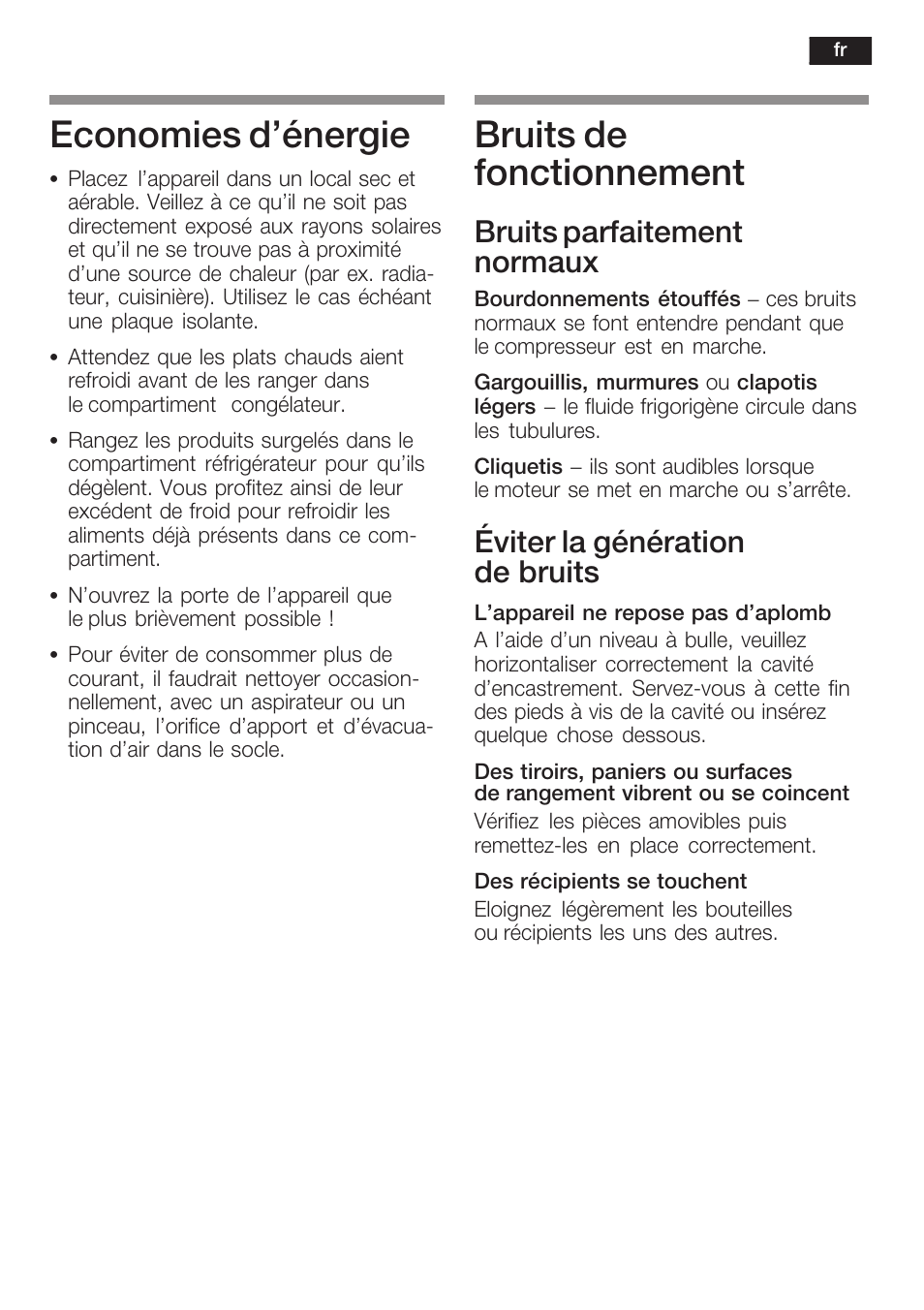 Economies d'énergie, Bruits de fonctionnement, Bruits parfaitement normaux | Éviter la génération de bruits | Siemens KI34NP60 User Manual | Page 57 / 98