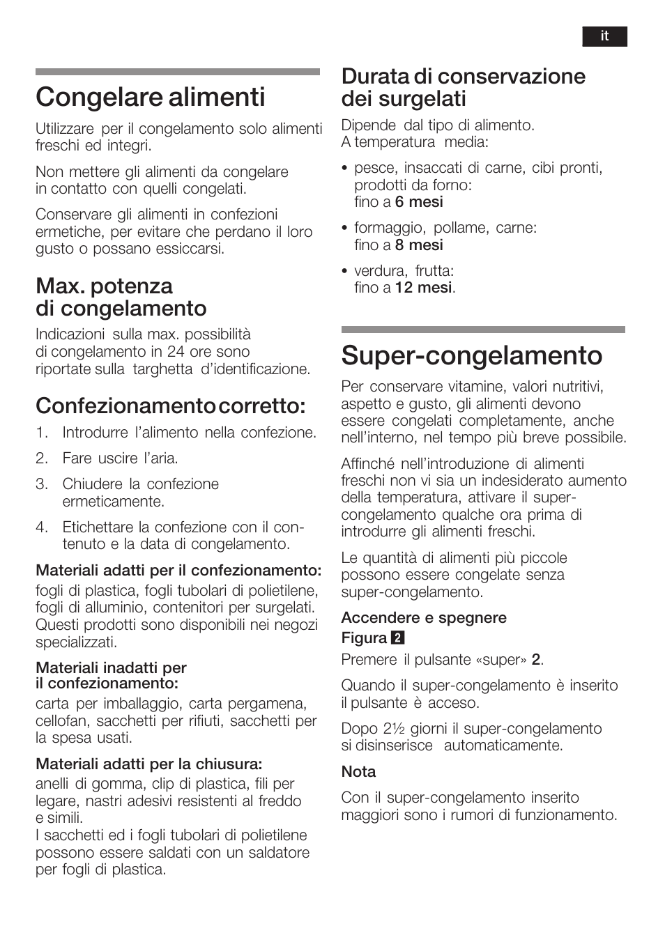 Congelare alimenti, Superćcongelamento, Max. potenza di congelamento | Confezionamento corretto, Durata di conservazione dei surgelati | Siemens KI34NP60 User Manual | Page 71 / 98