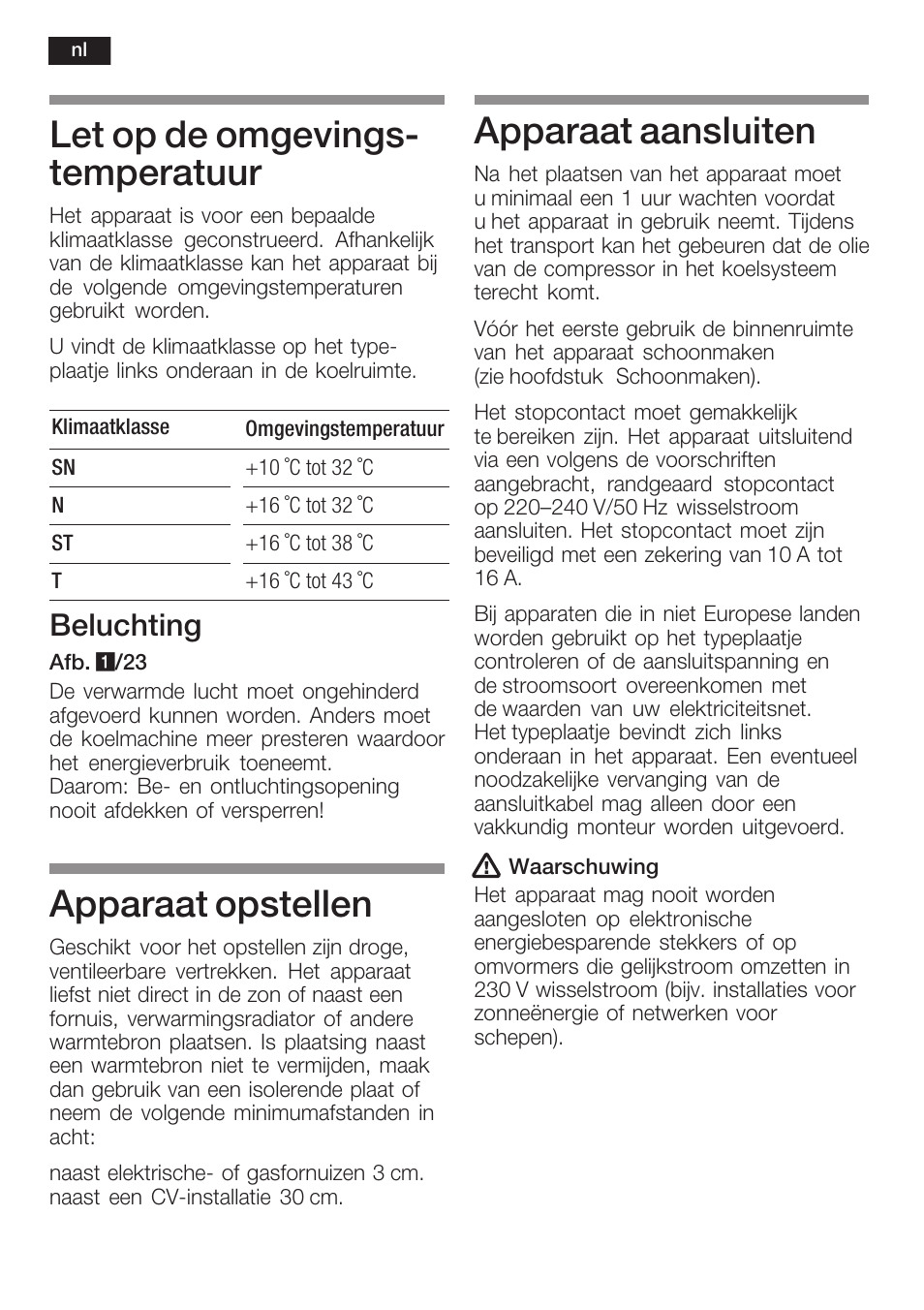 Let op de omgevingsć temperatuur, Apparaat opstellen, Apparaat aansluiten | Beluchting | Siemens KI34NP60 User Manual | Page 82 / 98