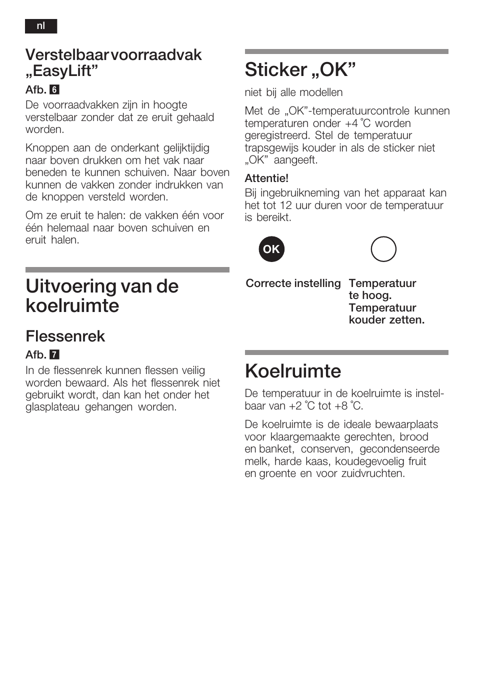 Uitvoering van de koelruimte, Sticker ęok, Koelruimte | Verstelbaar voorraadvak ęeasylift, Flessenrek | Siemens KI34NP60 User Manual | Page 86 / 98