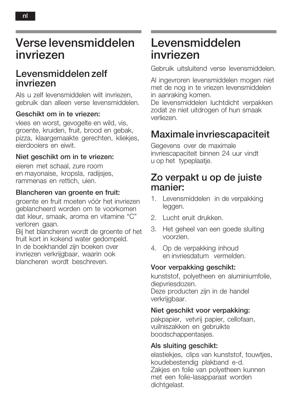 Verse levensmiddelen invriezen, Levensmiddelen invriezen, Levensmiddelen zelf invriezen | Maximale invriescapaciteit, Zo verpakt u op de juiste manier | Siemens KI34NP60 User Manual | Page 88 / 98