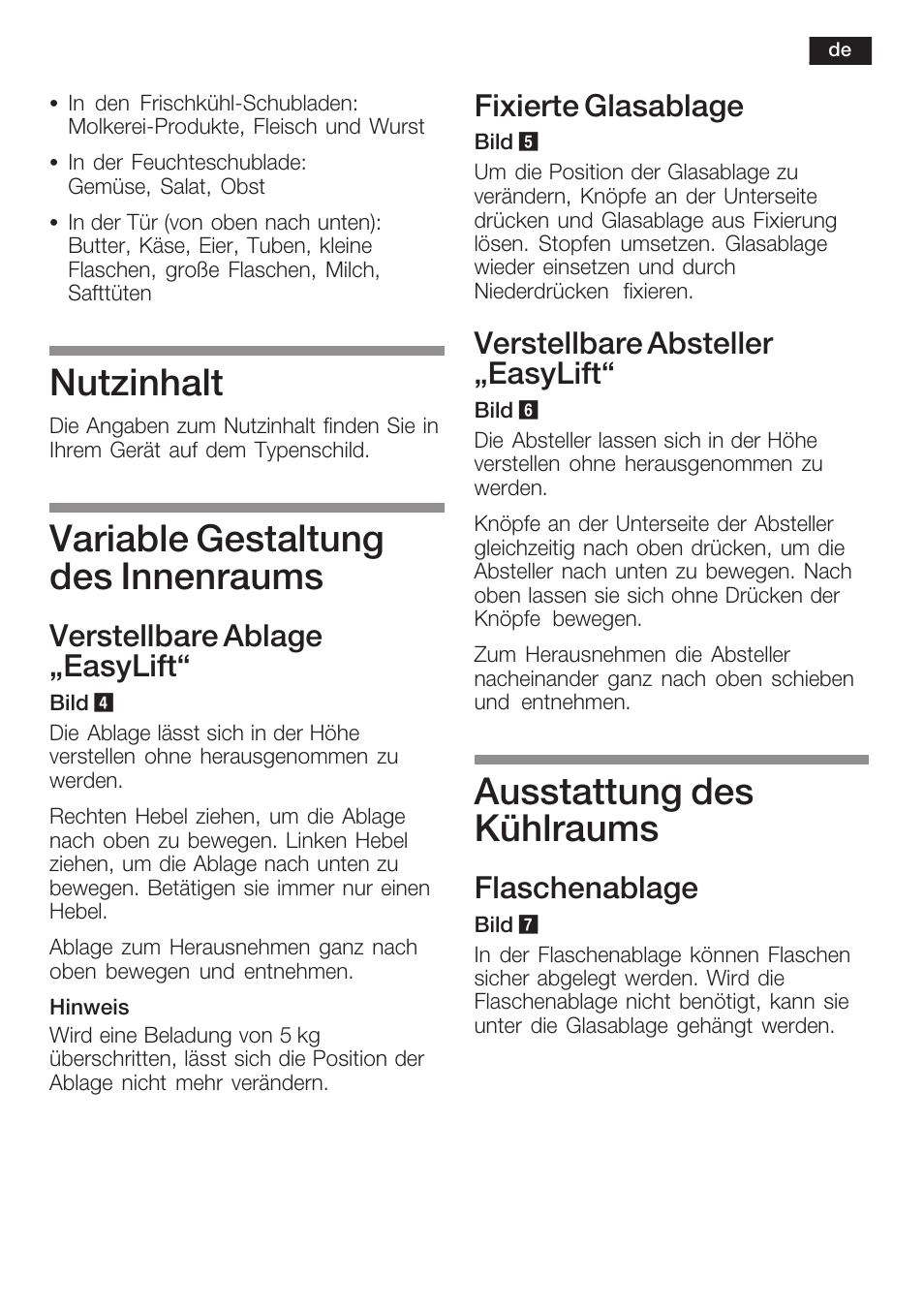 Nutzinhalt, Variable gestaltung des innenraums, Ausstattung des kühlraums | Verstellbare ablage ęeasylift, Fixierte glasablage, Verstellbare absteller ęeasylift, Flaschenablage | Siemens KI40FP60 User Manual | Page 11 / 104