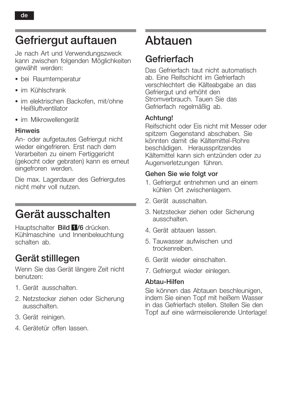 Abtauen, Gefriergut auftauen, Gerät ausschalten | Gerät stilllegen, Gefrierfach | Siemens KI40FP60 User Manual | Page 16 / 104