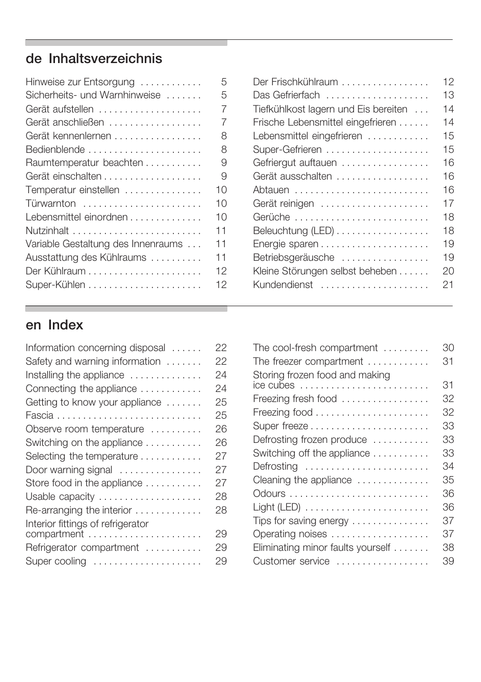 Deąinhaltsverzeichnis, Enąindex | Siemens KI40FP60 User Manual | Page 2 / 104