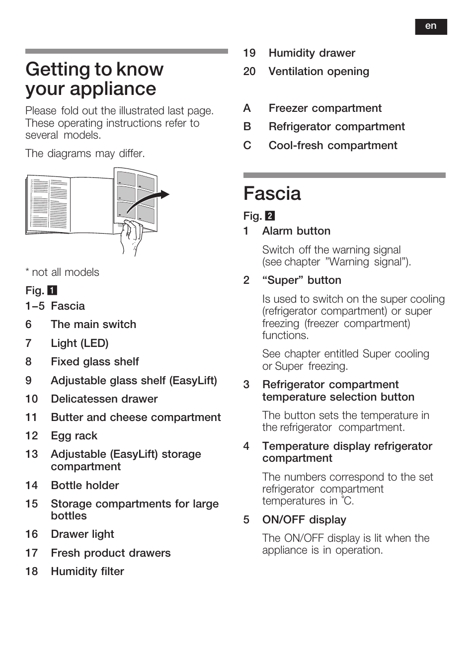 Getting to know your appliance, Fascia | Siemens KI40FP60 User Manual | Page 25 / 104