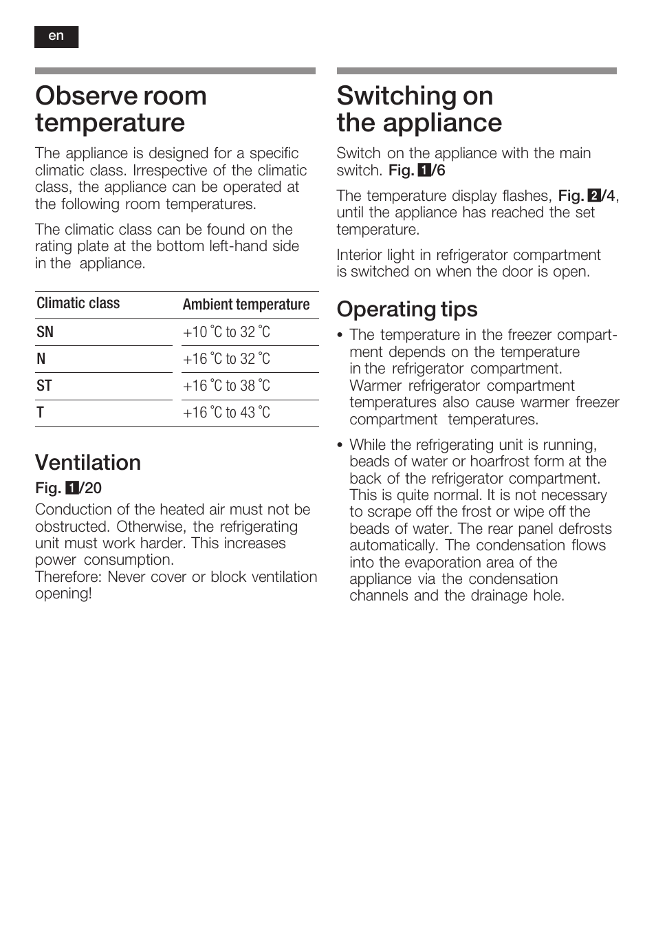 Observe room temperature, Switching on the appliance, Ventilation | Operating tips | Siemens KI40FP60 User Manual | Page 26 / 104