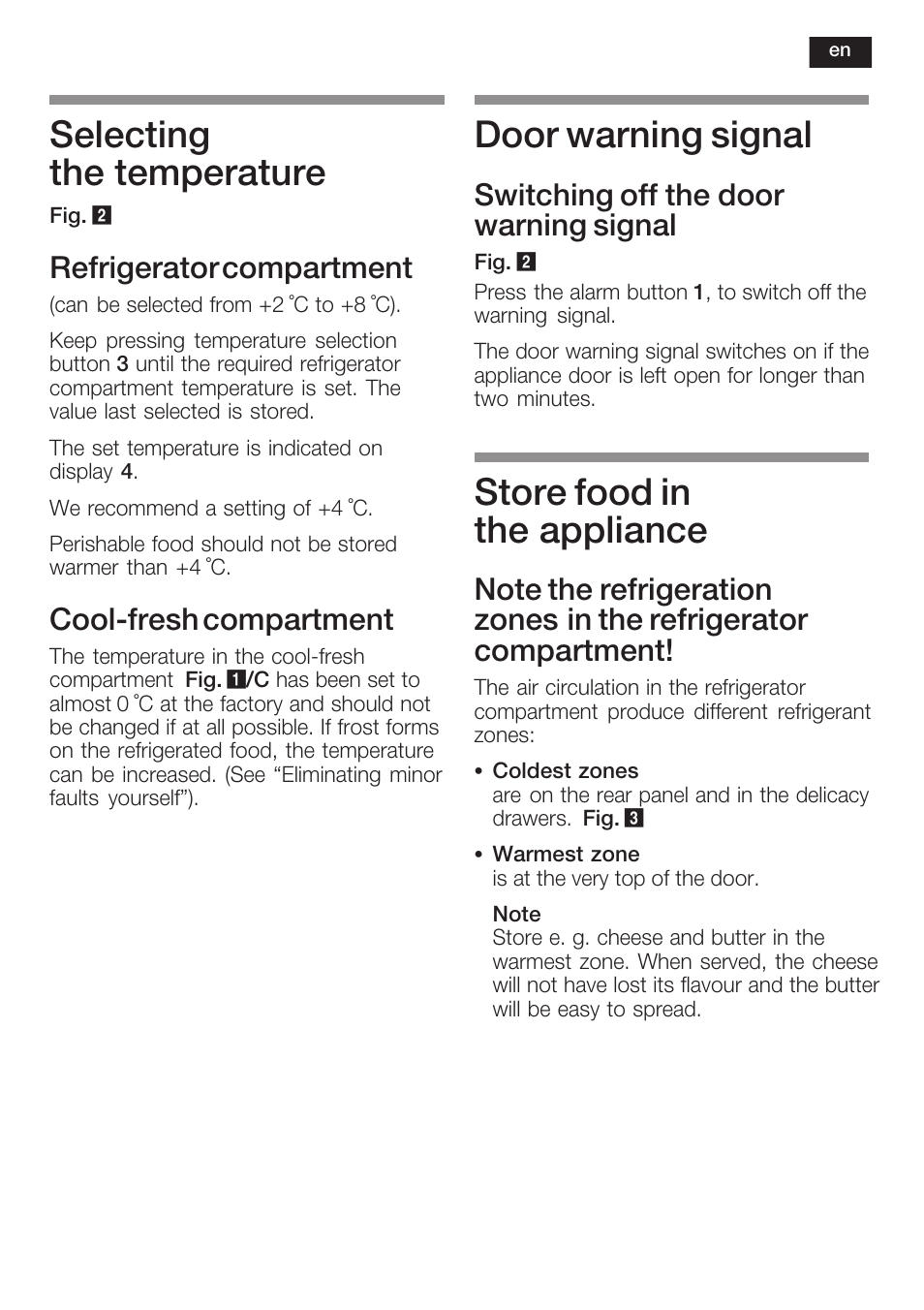 Selecting the temperature, Door warning signal, Store food in the appliance | Refrigerator compartment, Coolćfresh compartment, Switching off the door warning signal | Siemens KI40FP60 User Manual | Page 27 / 104