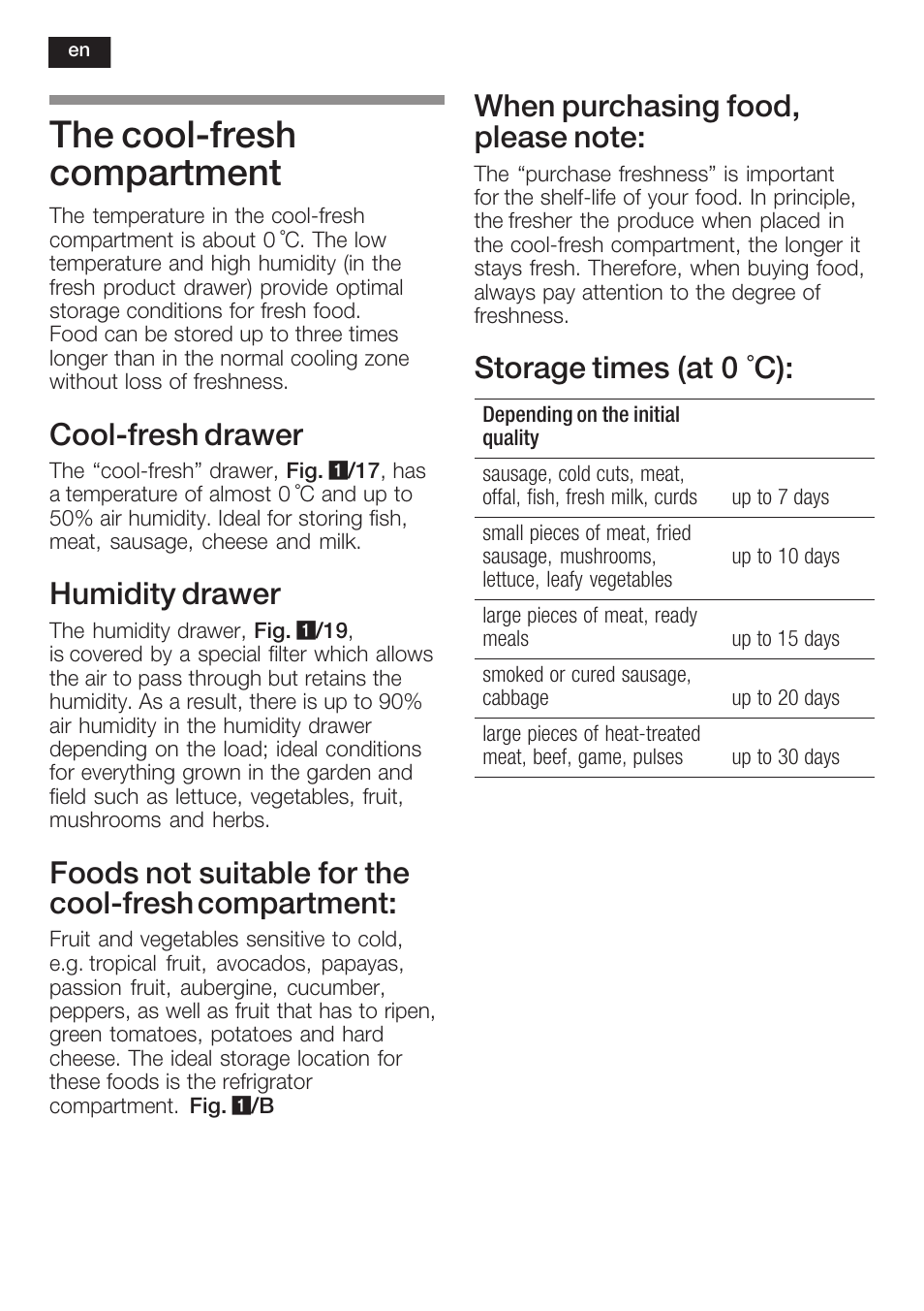 The coolćfresh compartment, Coolćfresh drawer, Humidity drawer | Foods not suitable for the coolćfresh compartment, Storage times (at 0 °c) | Siemens KI40FP60 User Manual | Page 30 / 104