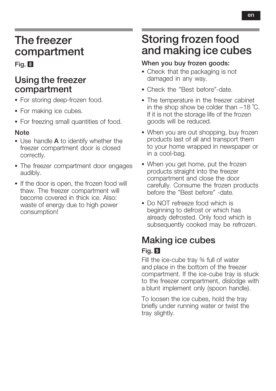 The freezer compartment, Storing frozen food and making ice cubes, Using the freezer compartment | Making ice cubes | Siemens KI40FP60 User Manual | Page 31 / 104