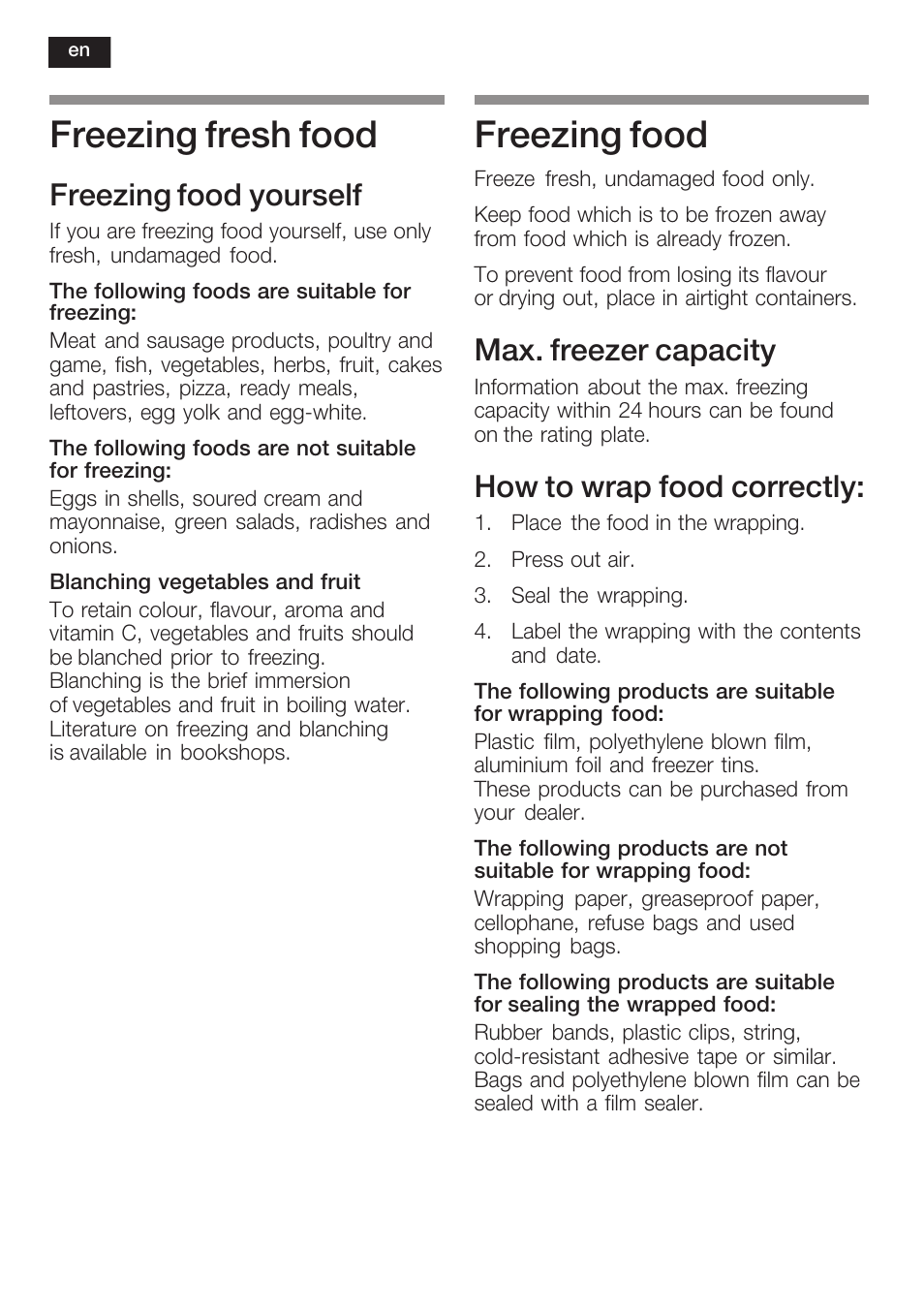 Freezing fresh food, Freezing food, Freezing food yourself | Max. freezer capacity, How to wrap food correctly | Siemens KI40FP60 User Manual | Page 32 / 104