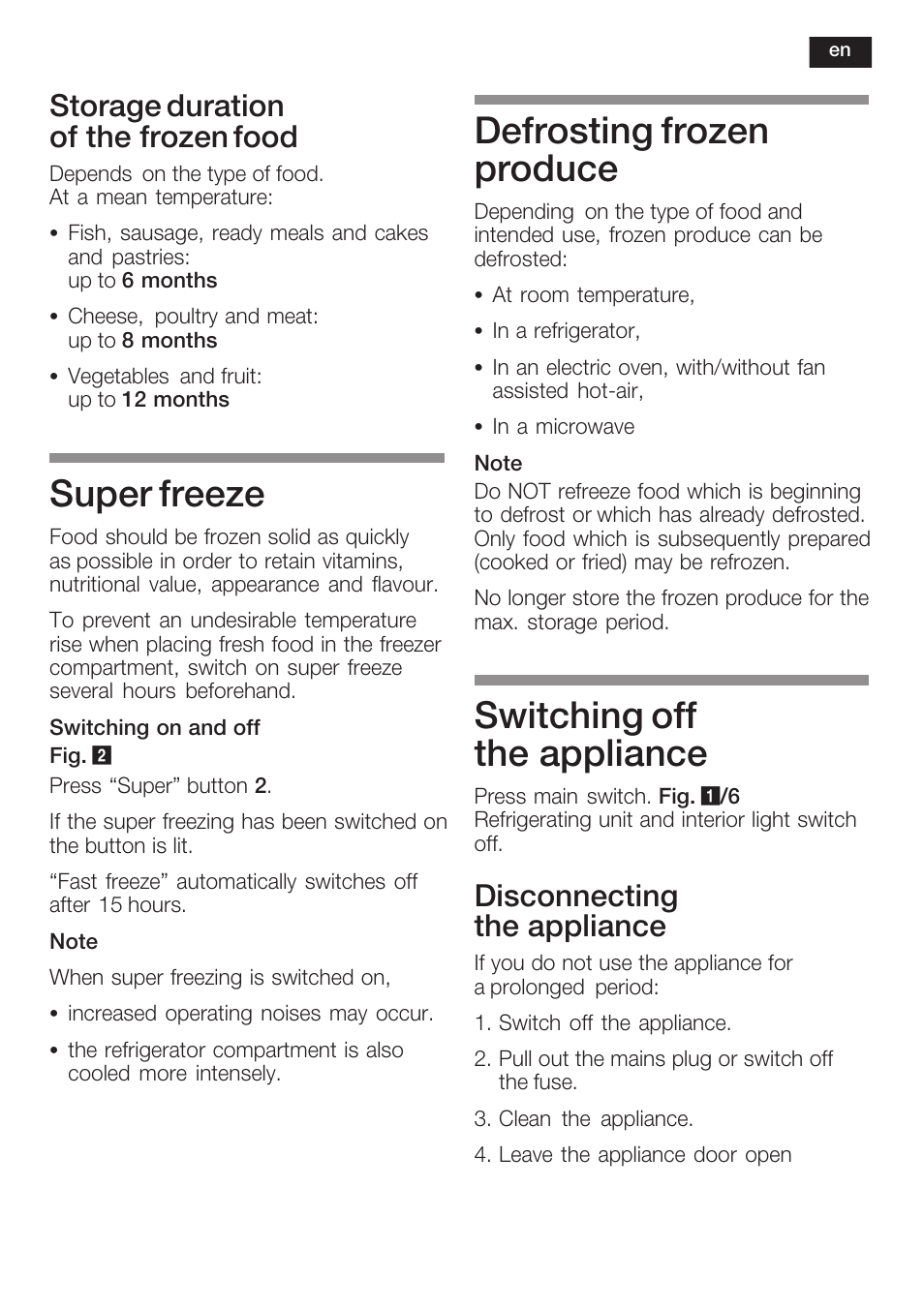 Super freeze, Defrosting frozen produce, Switching off the appliance | Storage duration of the frozen food, Disconnecting the appliance | Siemens KI40FP60 User Manual | Page 33 / 104