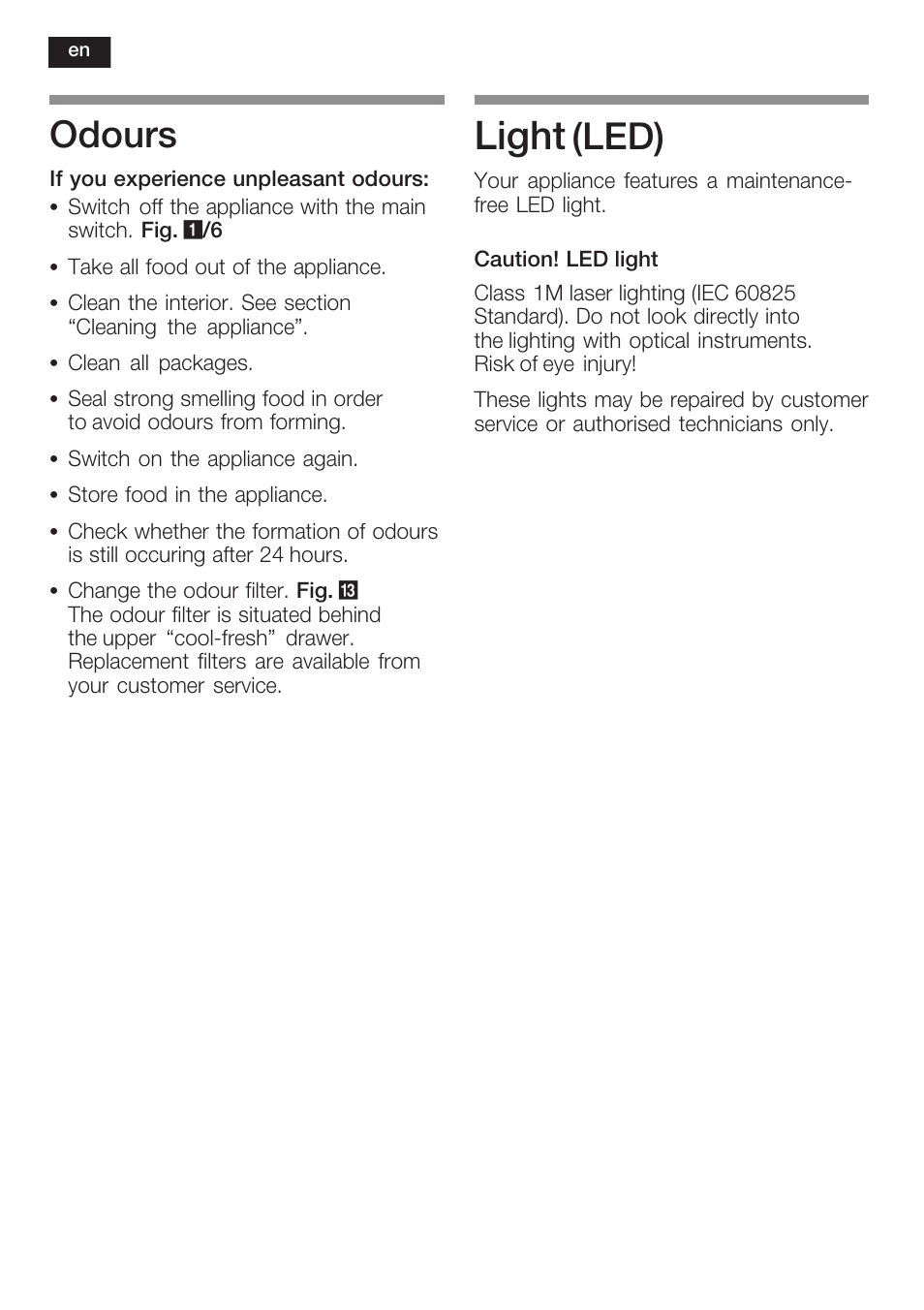 Light, Odours, Led) | Siemens KI40FP60 User Manual | Page 36 / 104