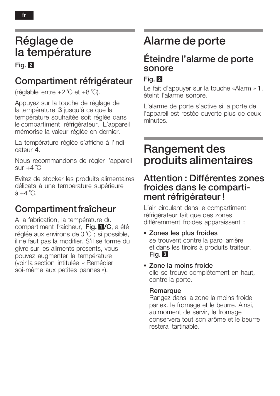 Réglage de la température, Alarme de porte, Rangement des produits alimentaires | Compartiment réfrigérateur, Compartiment fraîcheur, Éteindre l'alarme de porte sonore | Siemens KI40FP60 User Manual | Page 46 / 104