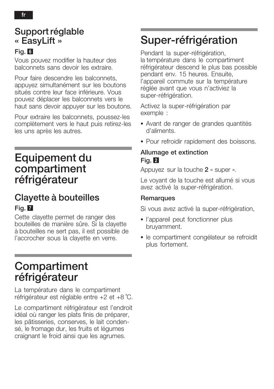 Equipement du compartiment réfrigérateur, Compartiment réfrigérateur, Superćréfrigération | Support réglable « easylift, Clayette à bouteilles | Siemens KI40FP60 User Manual | Page 48 / 104