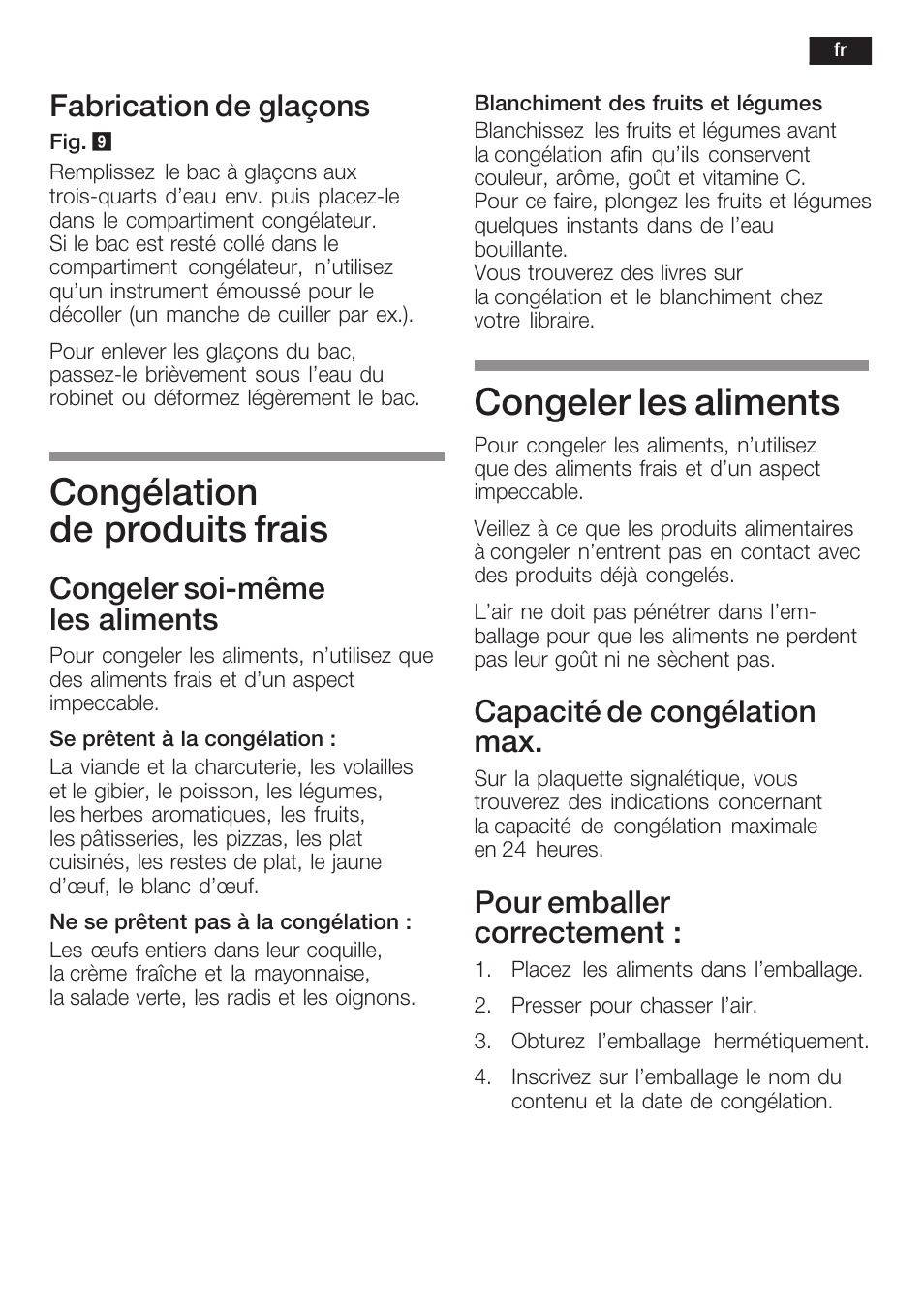 Congélation de produits frais, Congeler les aliments, Fabrication de glaçons | Congeler soićmême les aliments, Capacité de congélation max, Pour emballer correctement | Siemens KI40FP60 User Manual | Page 51 / 104