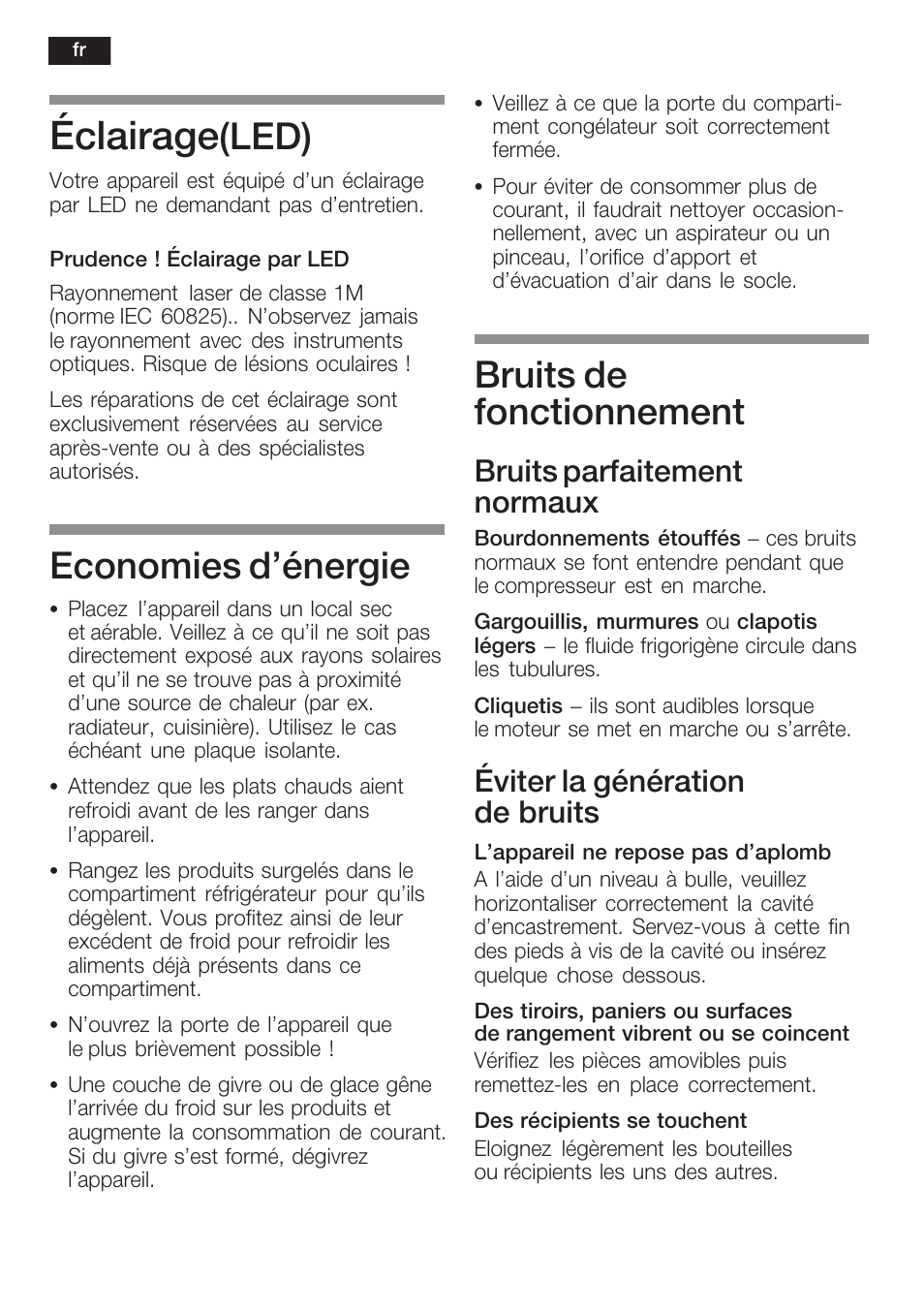 Éclairage, Led), Economies d'énergie | Bruits de fonctionnement, Bruits parfaitement normaux, Éviter la génération de bruits | Siemens KI40FP60 User Manual | Page 56 / 104