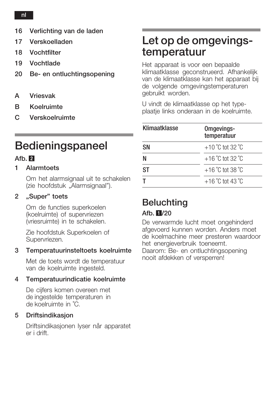 Bedieningspaneel, Let op de omgevingsć temperatuur, Beluchting | Siemens KI40FP60 User Manual | Page 84 / 104