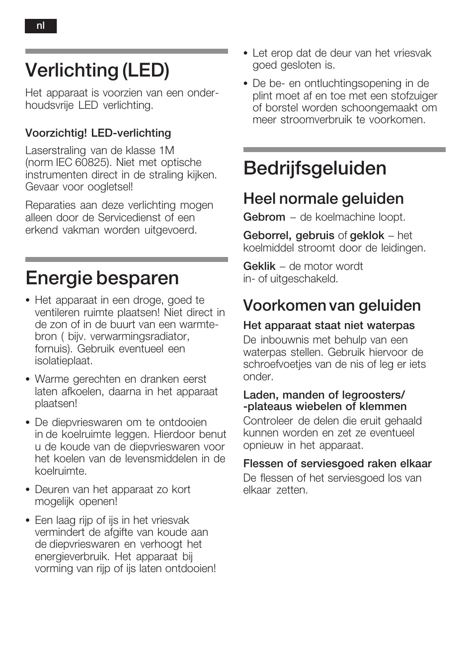 Verlichting, Led), Energie besparen | Bedrijfsgeluiden, Heel normale geluiden, Voorkomen van geluiden | Siemens KI40FP60 User Manual | Page 96 / 104