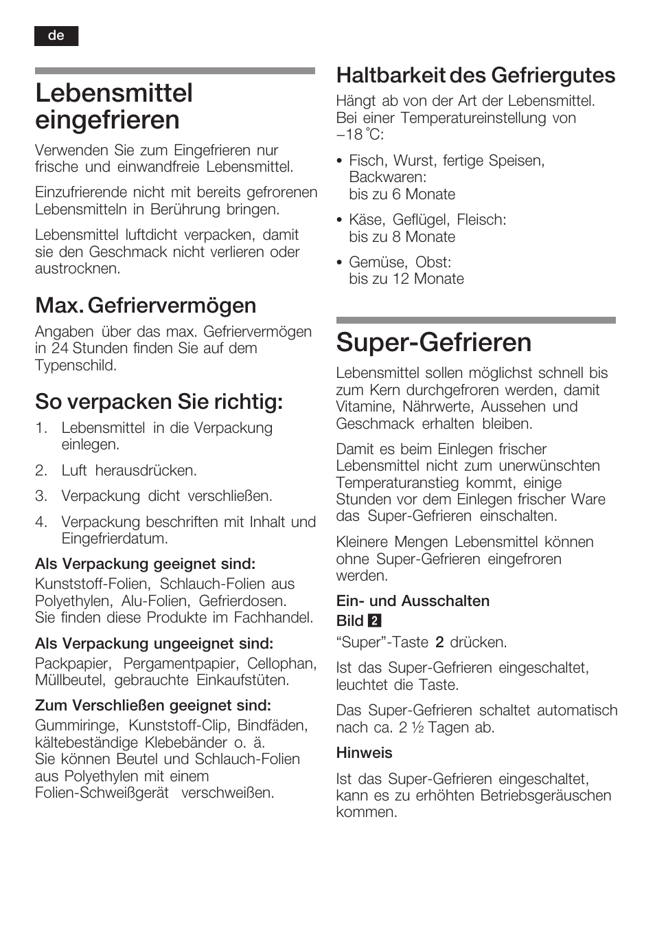 Lebensmittel eingefrieren, Superćgefrieren, Max. gefriervermögen | So verpacken sie richtig, Haltbarkeit des gefriergutes | Siemens GI38NP60 User Manual | Page 12 / 76