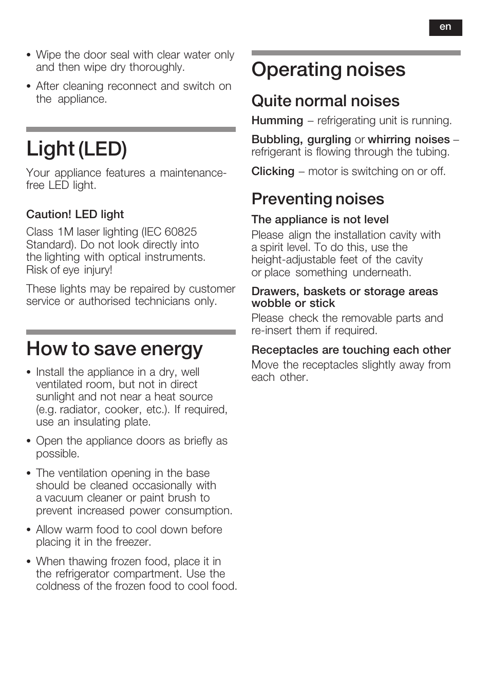 Light, Led), How to save energy | Operating noises, Quite normal noises, Preventing noises | Siemens GI38NP60 User Manual | Page 27 / 76