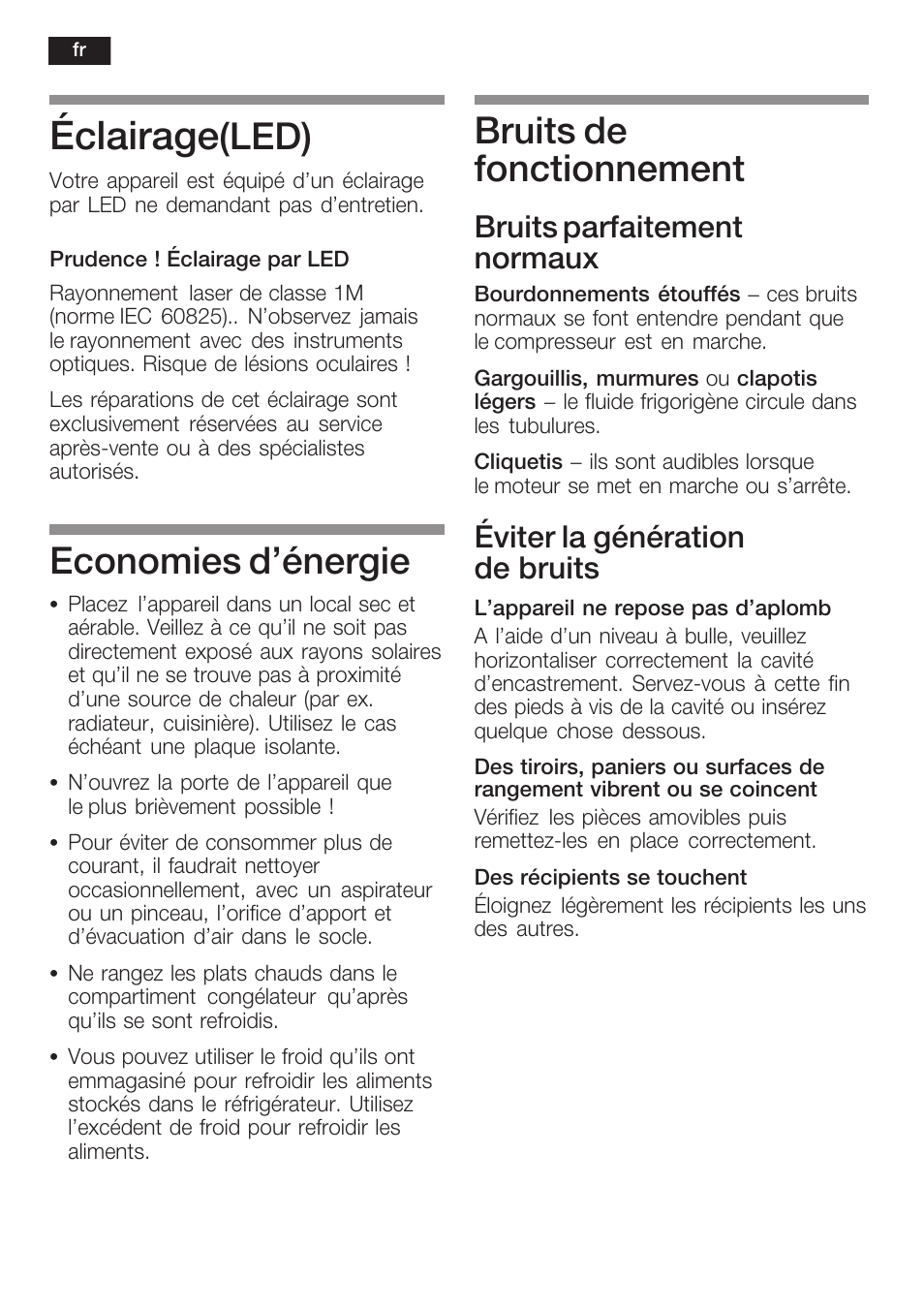 Éclairage, Led), Economies d'énergie | Bruits de fonctionnement, Bruits parfaitement normaux, Éviter la génération de bruits | Siemens GI38NP60 User Manual | Page 42 / 76