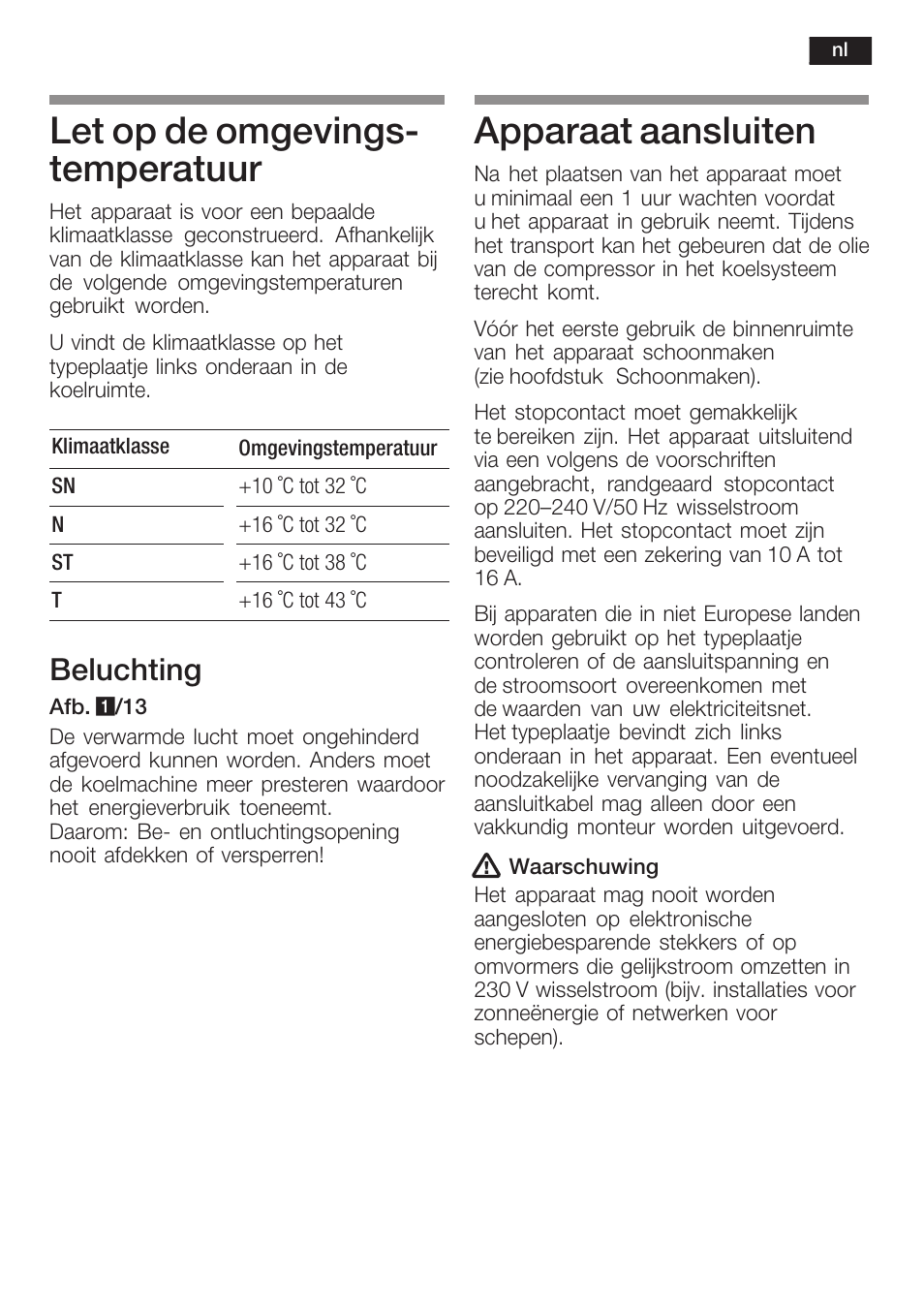 Let op de omgevingsć temperatuur, Apparaat aansluiten, Beluchting | Siemens GI38NP60 User Manual | Page 63 / 76