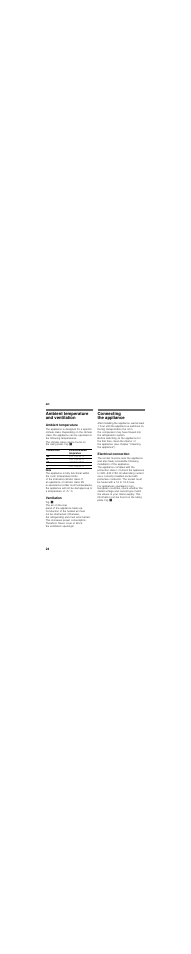 Ambient temperature and ventilation, Ambient temperature, Ventilation | Connecting the appliance, Electrical connection, Ntilation | Siemens GS36NBI30 User Manual | Page 24 / 92