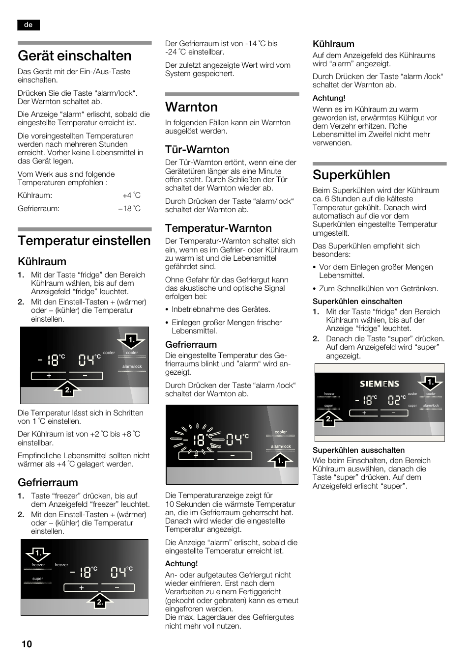 Gerät einschalten, Temperatur einstellen, Warnton | Superkühlen, Kühlraum, Gefrierraum, Türćwarnton, Temperaturćwarnton | Siemens KA62NV40 User Manual | Page 10 / 71