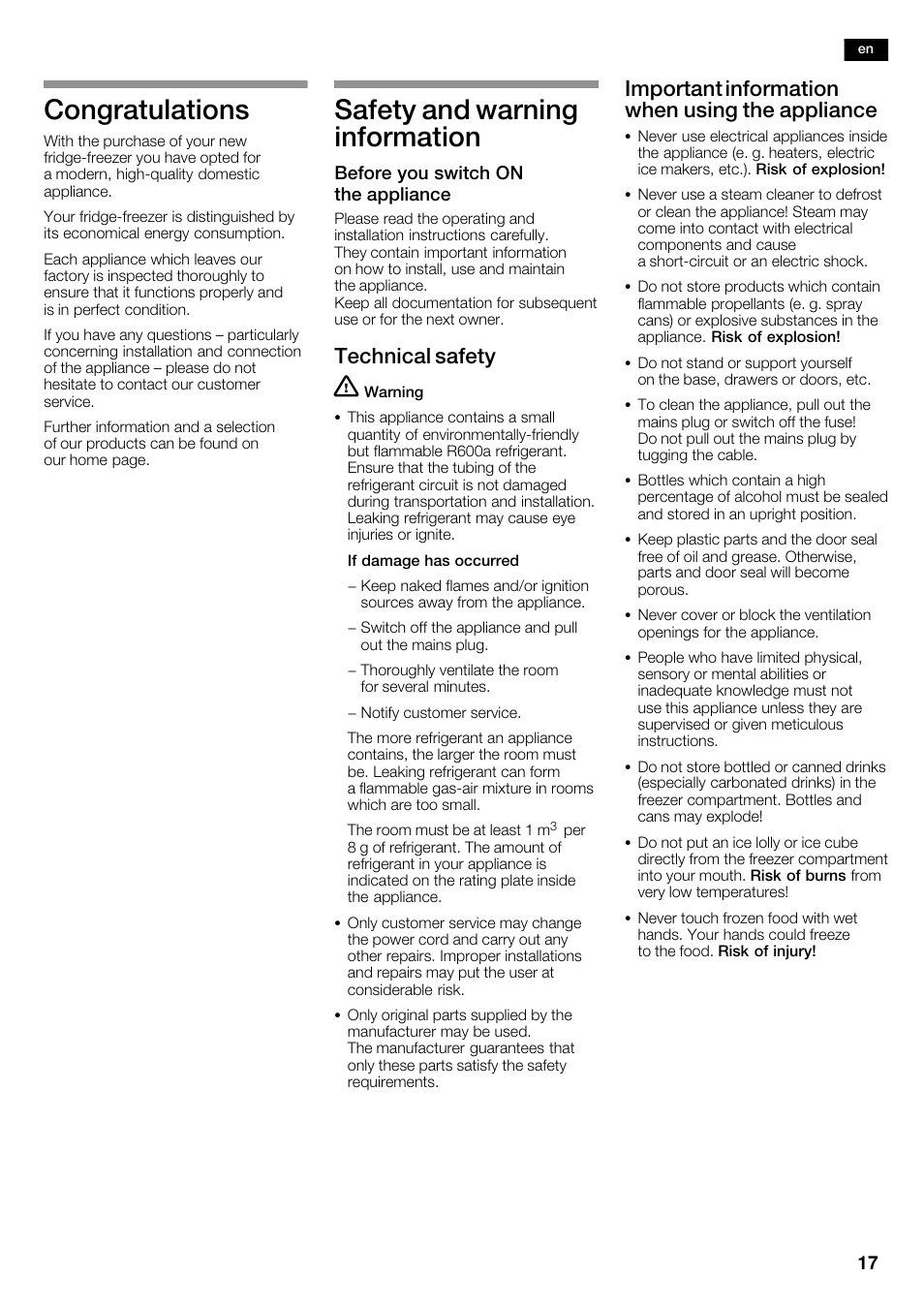 Safety and warning information, Technical safety, Important information when using the appliance | Siemens KA62NV40 User Manual | Page 17 / 71